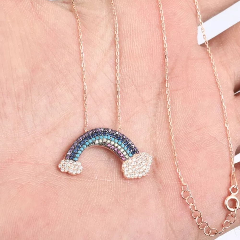 rainbow & clouds rose gold necklace 18"